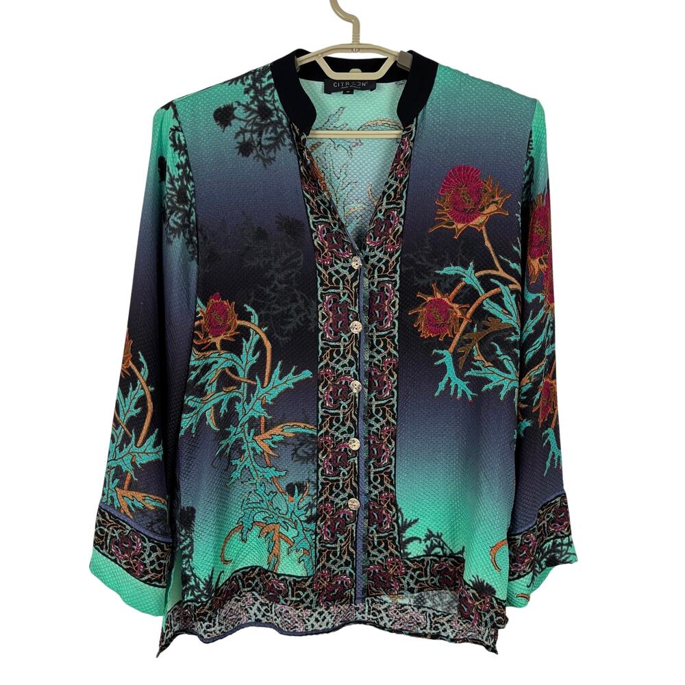 Citron Santa Monica 100% Silk Button Shirt Top Jacket Medium asian-inspired